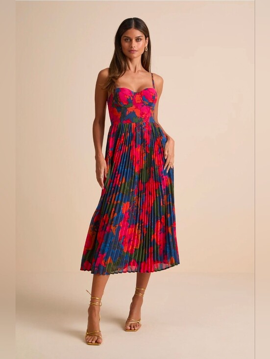 Lulus Dresses & Skirts - Lulu's Dorothy Dark Blue Multi Floral Print Pleated Midi Dress Size XL